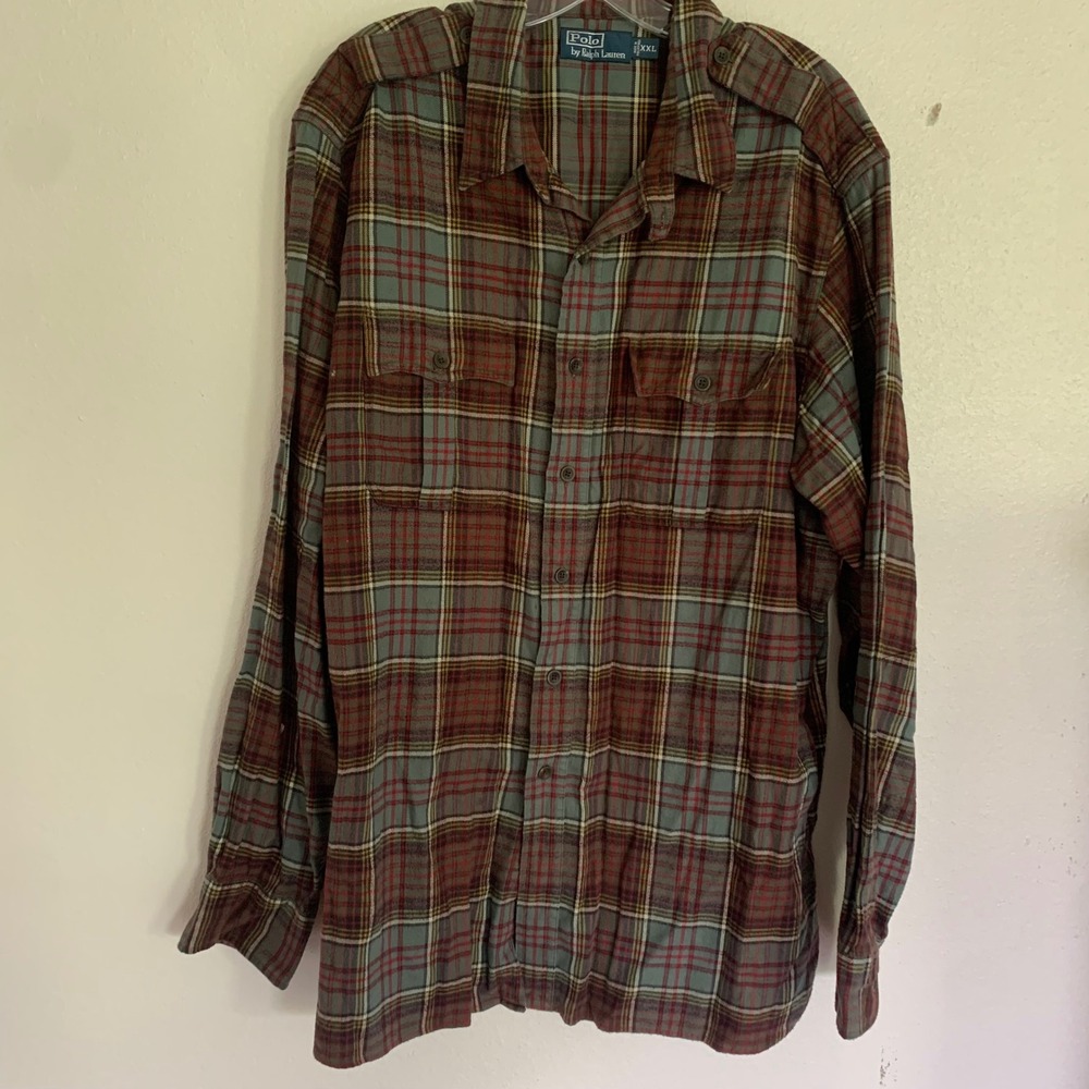 Polo Ralph Lauren XXL Plaid Flannel Shirt Red Gray Epaulet Button Front, Pockets - Picture 3 of 7